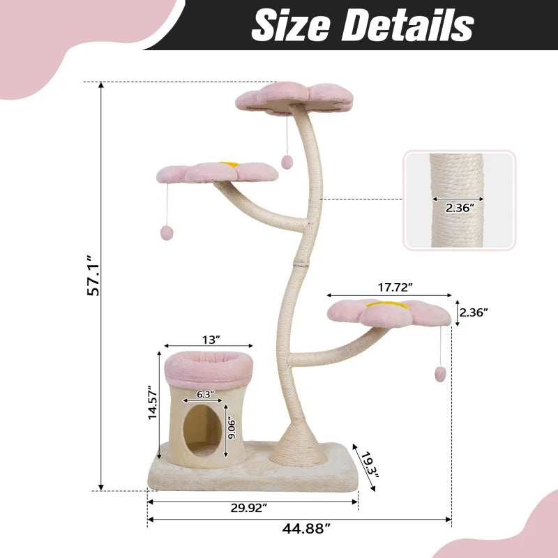 Pink and beige flower shaped cat tree, with a flowering platform bed and swinging toys, indoor multi-layer cat tower