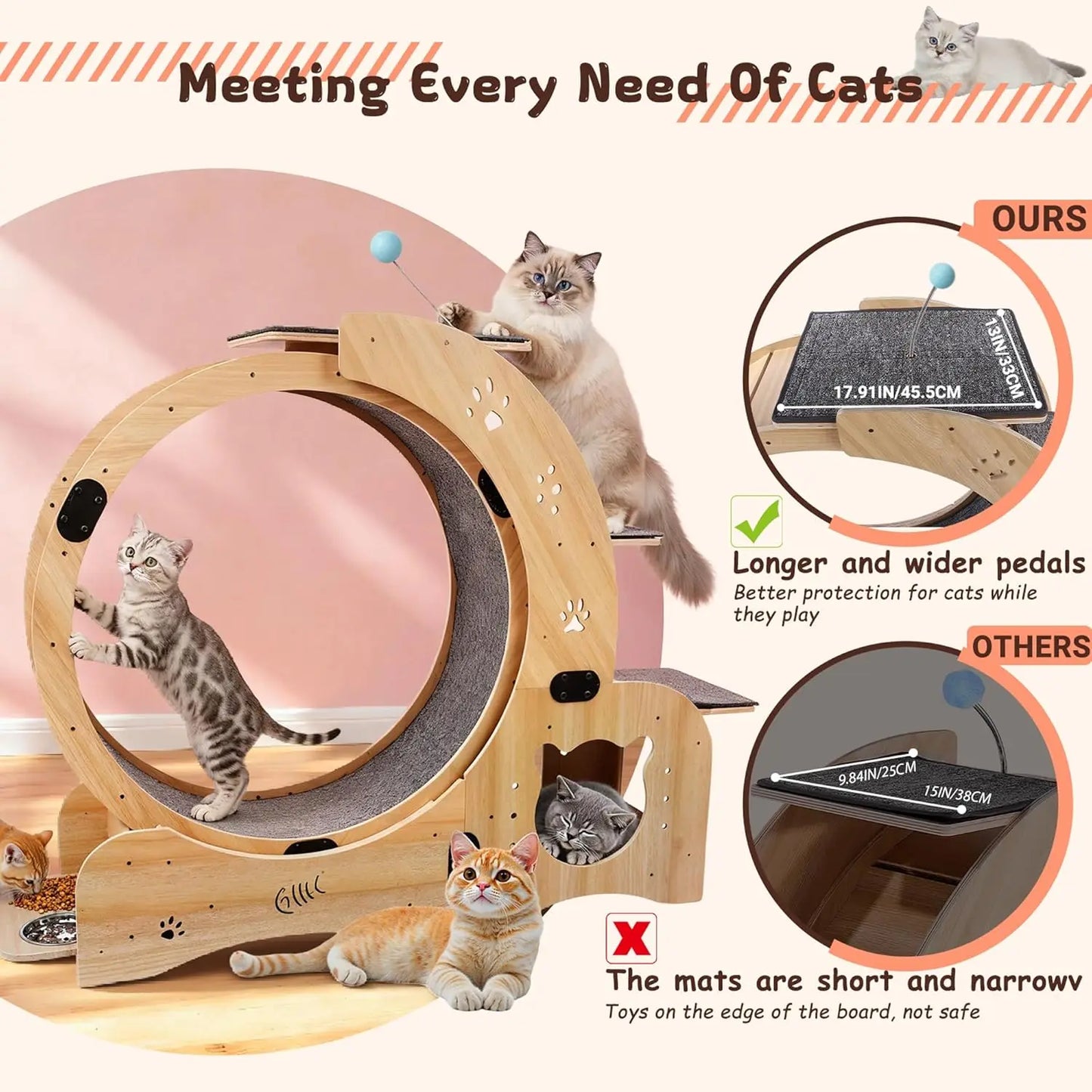 55-inch cat Wheel, 6-in-1 cat Wheels for Indoor Cats, Scratching Board, Detachable mat, Multi-Functional Indoor Pet /Training