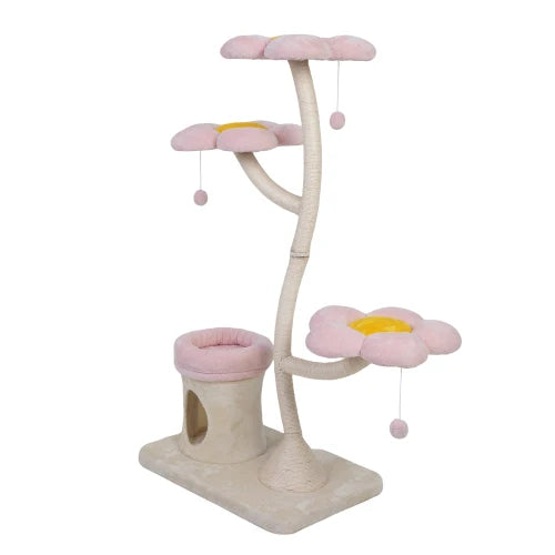 Pink and beige flower shaped cat tree, with a flowering platform bed and swinging toys, indoor multi-layer cat tower