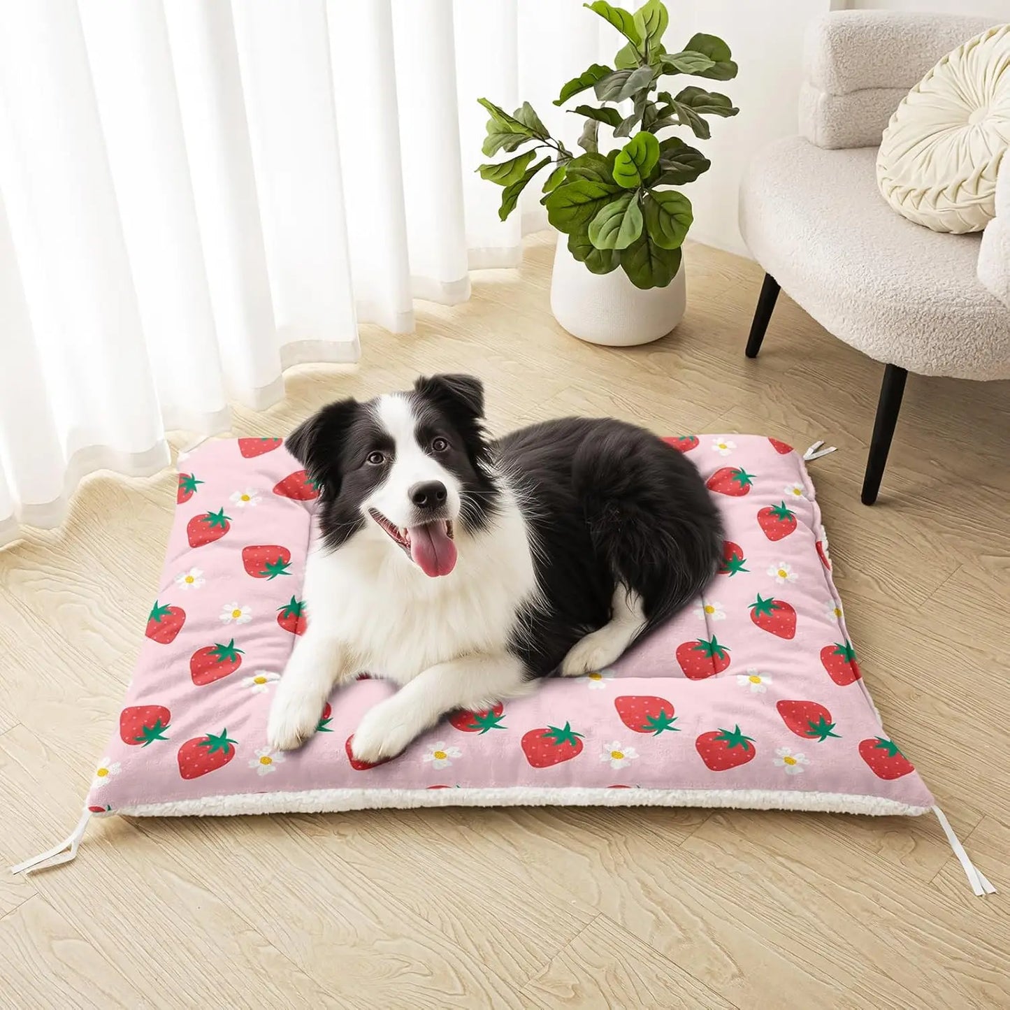 Cute Strawberry Dog Crate Bed, Plush Rectangular Pet Mat 30'x26', Washable Calming Pad for Medium Large Dogs, Pink