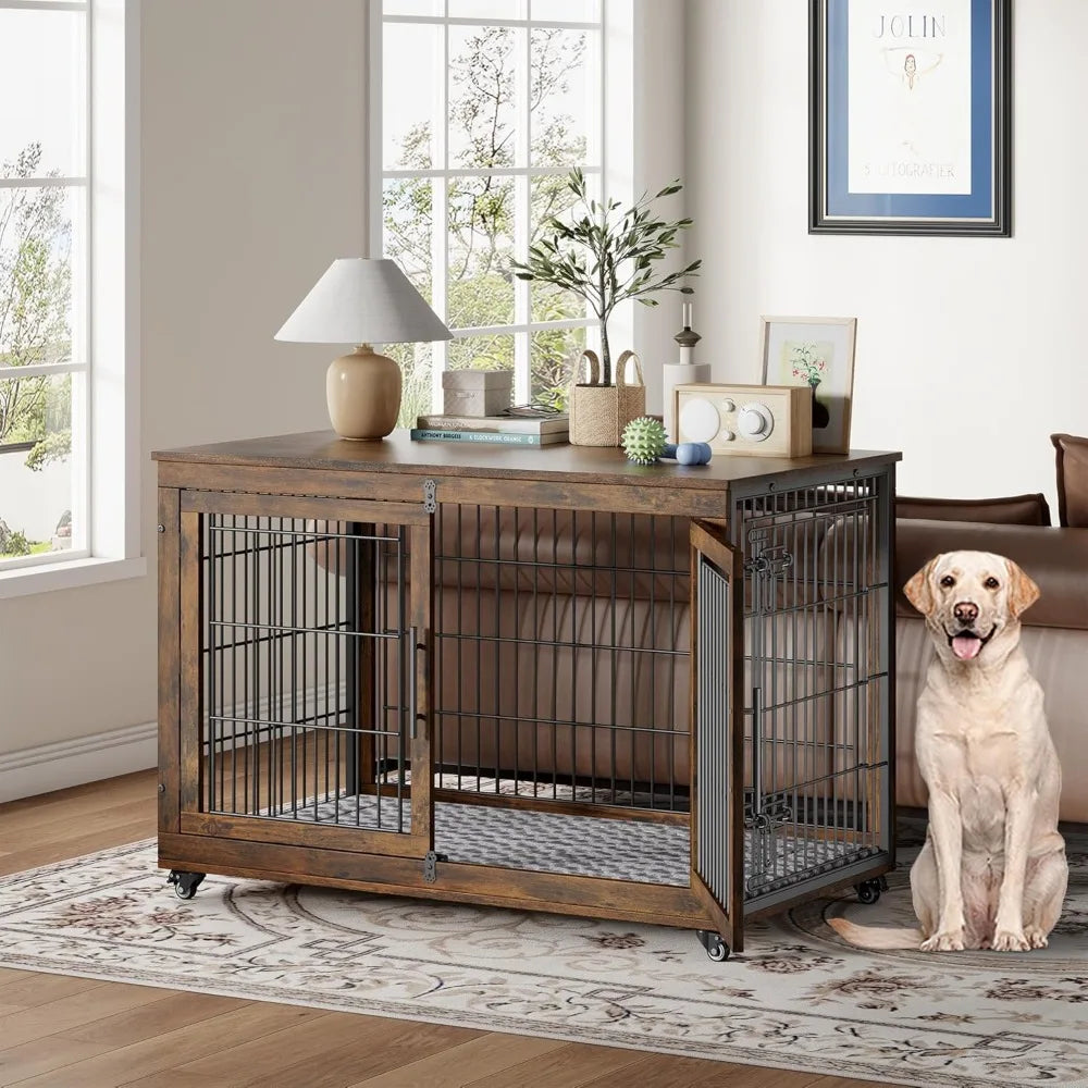 Dog Crate Furniture with Cushion Set of 2, Wooden Dog Kennel Indoor with Double Doors, Dog Cage with Wheels, House Side End