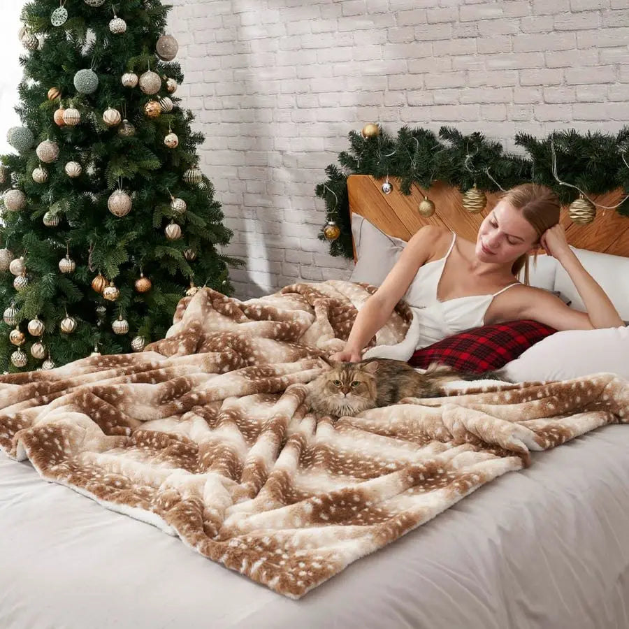 Faux Fur Blanket Deer Print, Waterproof Pet Blanket Washable, Woman Sofa Bed Couch Throw, Liquid Pee Proof for Large Dog or Cat,
