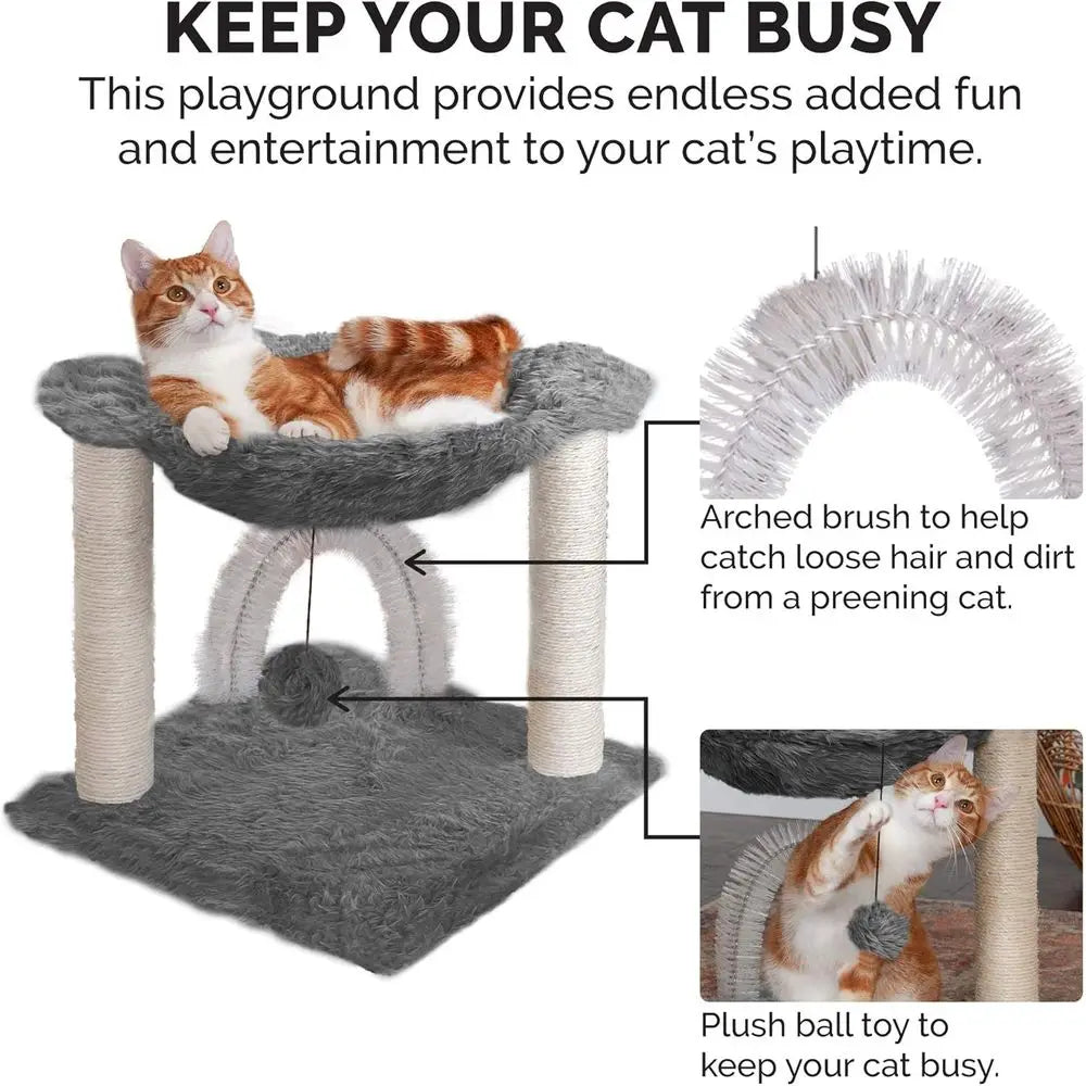 15.75 Tall Playground for Cats, Sisal Scratching Posts, Self-Grooming Brush, & Toy - Interactive Playground - Silver, One Size