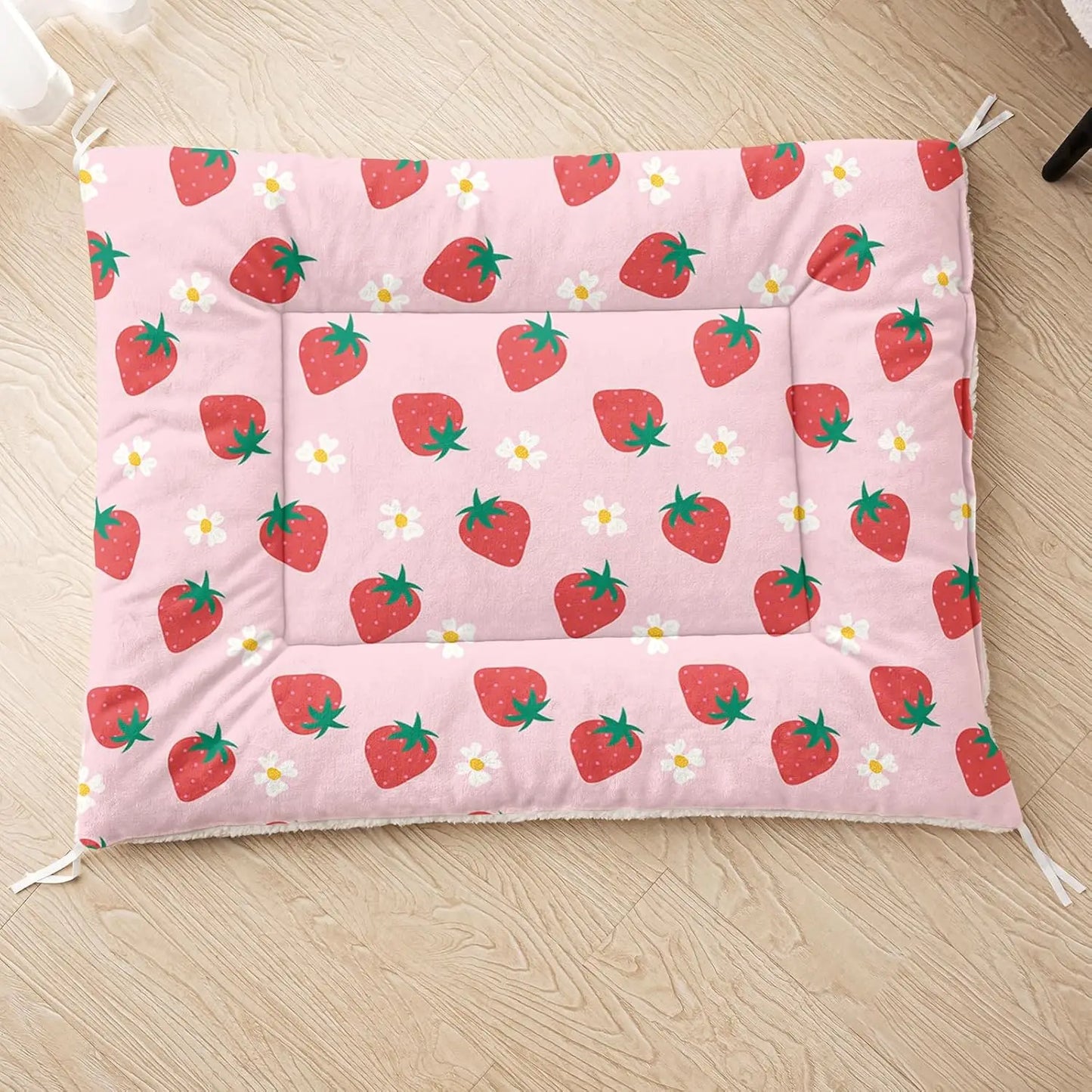 Cute Strawberry Dog Crate Bed, Plush Rectangular Pet Mat 30'x26', Washable Calming Pad for Medium Large Dogs, Pink