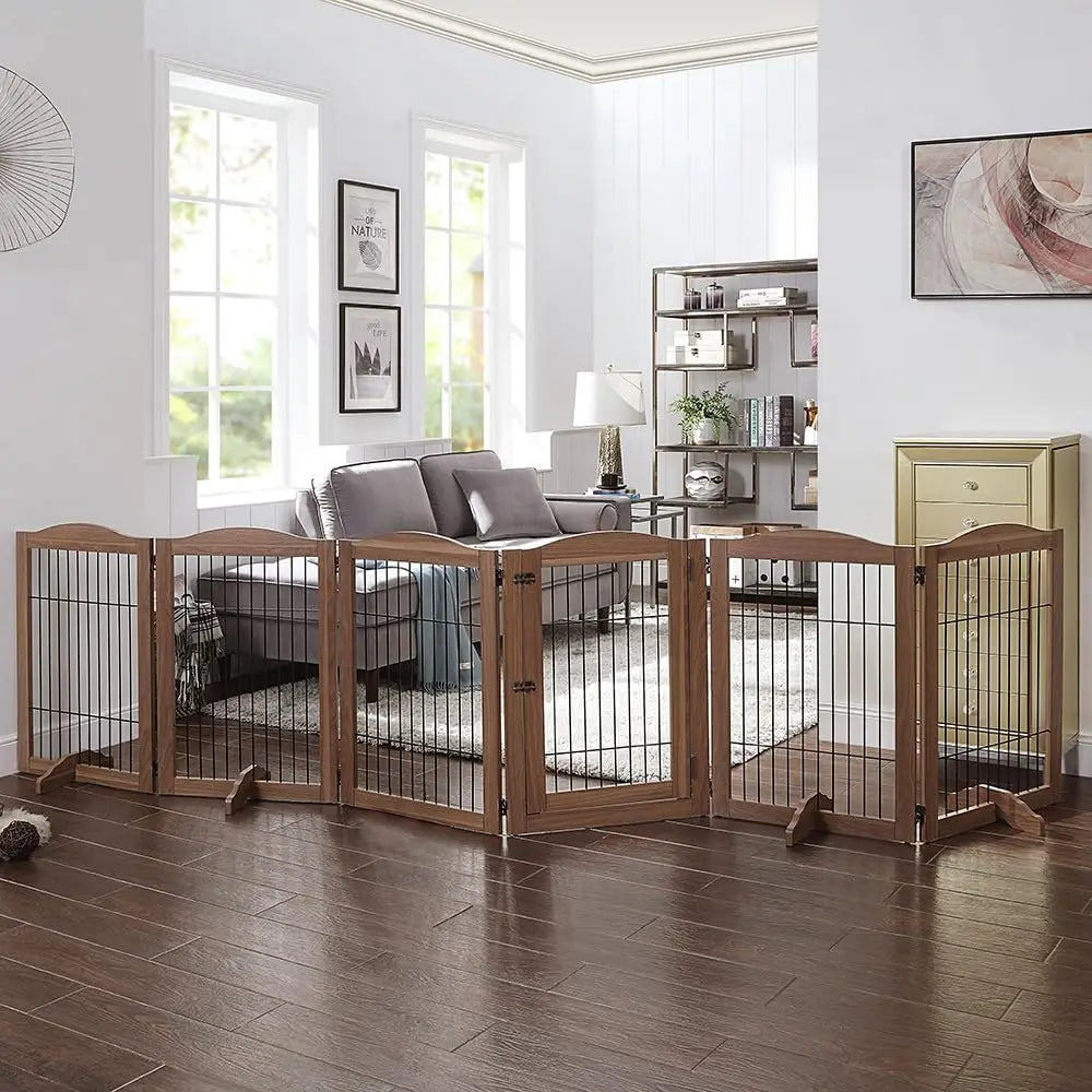 Foldable Wood and Wire Pet Playpen with Walk-Through Gate, 6 Panels for Dogs and Cats
