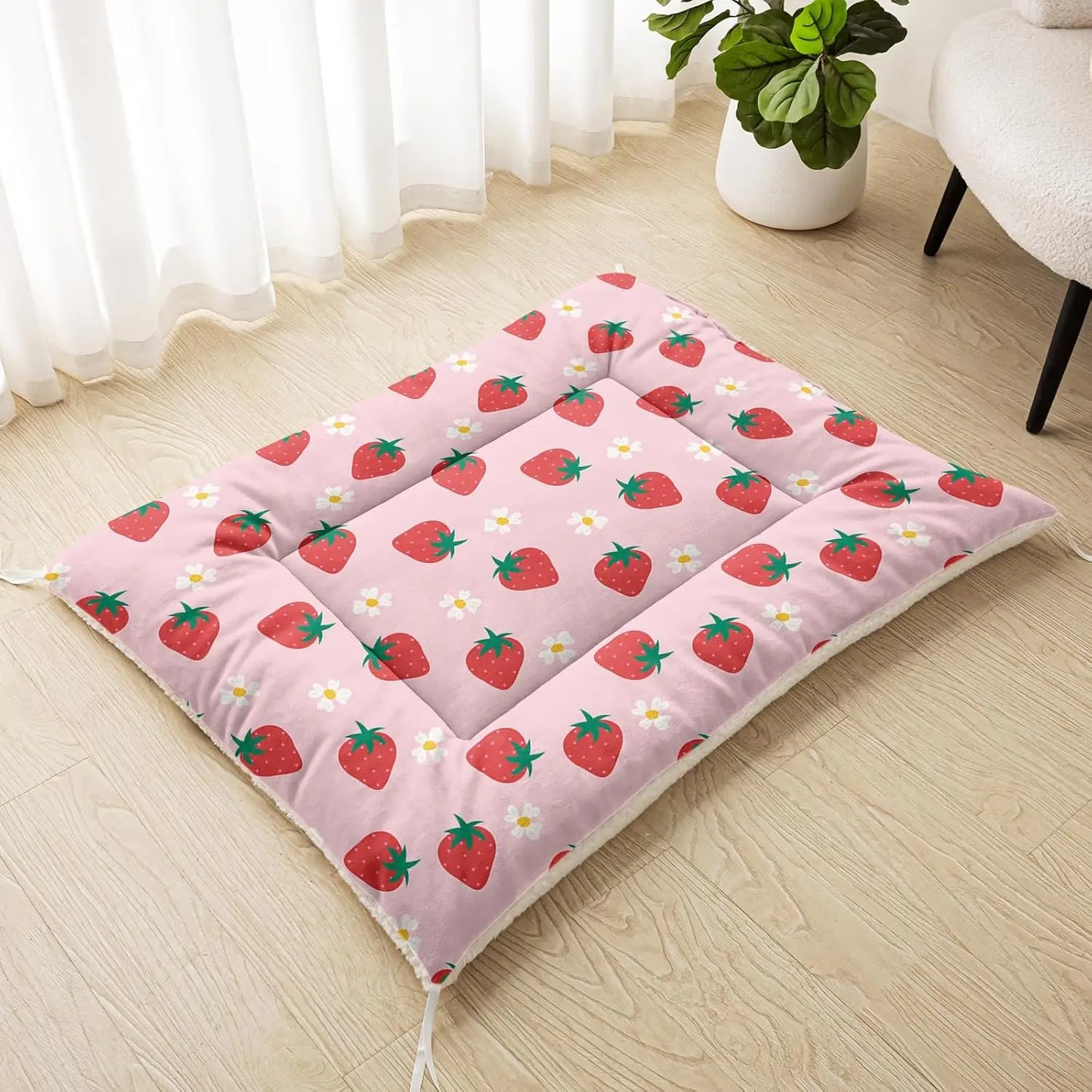 Cute Strawberry Dog Crate Bed, Plush Rectangular Pet Mat 30'x26', Washable Calming Pad for Medium Large Dogs, Pink