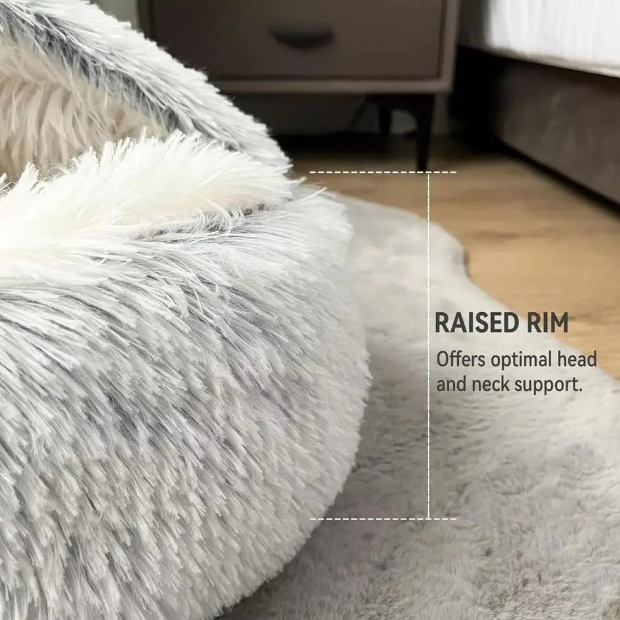 Bed Round Fluffy Hooded Cat Bed Cave, AntiAnxiety Cave Bed with Hooded Blanket, Cozy Cuddler Luxury Puppy Pet Bed, AntiSlip Bott