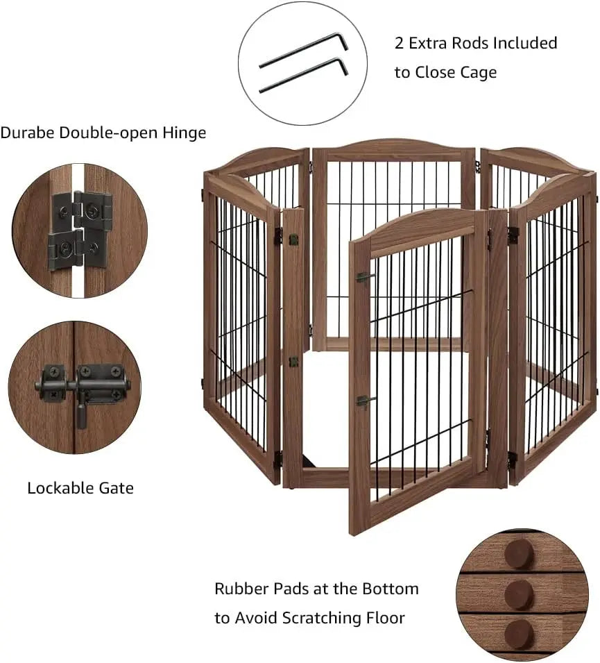 Foldable Wood and Wire Pet Playpen with Walk-Through Gate, 6 Panels for Dogs and Cats
