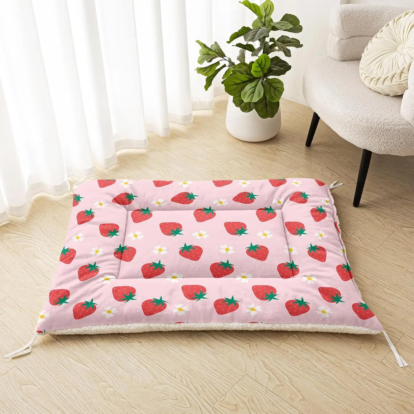 Cute Strawberry Dog Crate Bed, Plush Rectangular Pet Mat 30'x26', Washable Calming Pad for Medium Large Dogs, Pink
