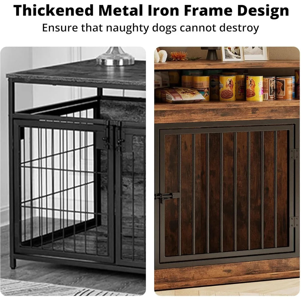 IRONCK 51 Corner Wooden Dog Crate Furniture with 2-Tier Shelves, Pet Kennel for Large Dogs, Space-Saving Dog Cage for TV Stand,
