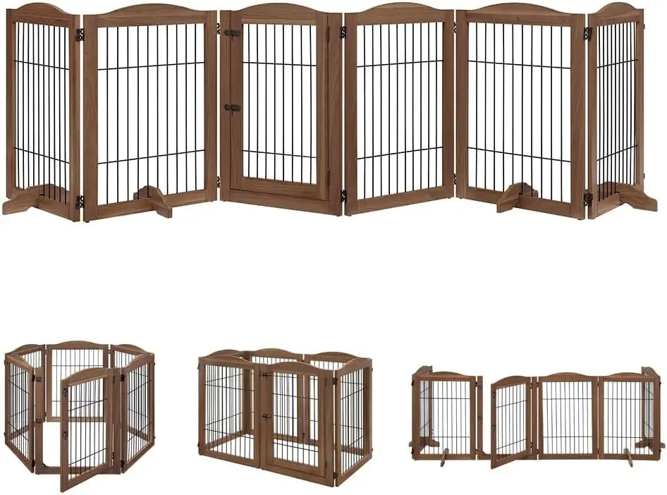Foldable Wood and Wire Pet Playpen with Walk-Through Gate, 6 Panels for Dogs and Cats