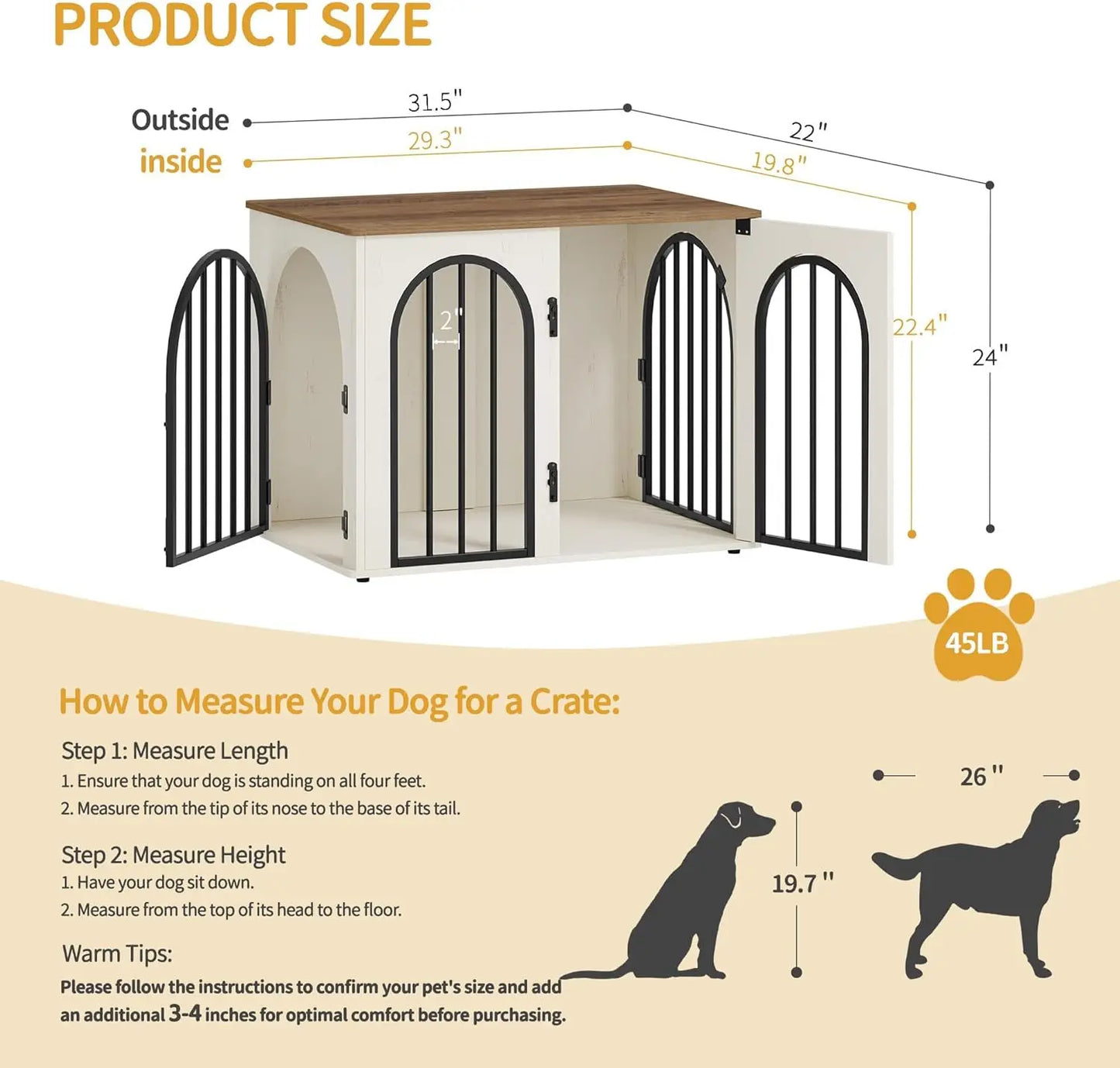 31.5'' Wooden Dog Crate Furniture, Indoor Kennel for Small/Medium Dogs, Decorative Pet House End Table TV Stand in White Brown