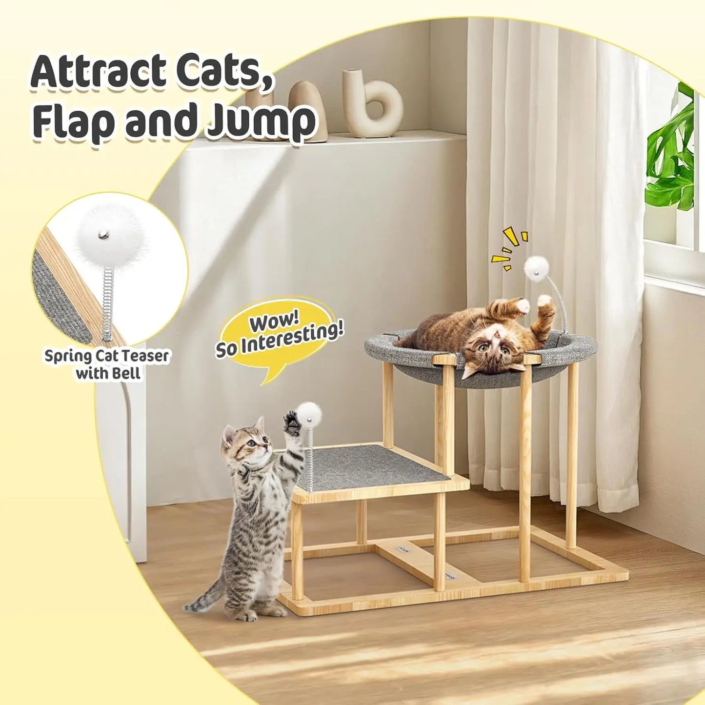 2-Tier Cat Hammock Bed with Scratch Mat & Toys, Wooden Climbing Furniture for Indoor Cats