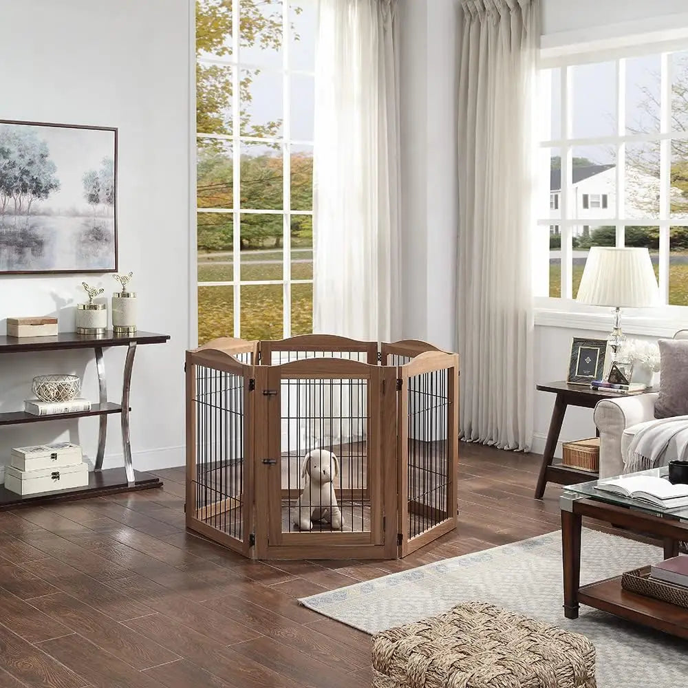 Foldable Wood and Wire Pet Playpen with Walk-Through Gate, 6 Panels for Dogs and Cats