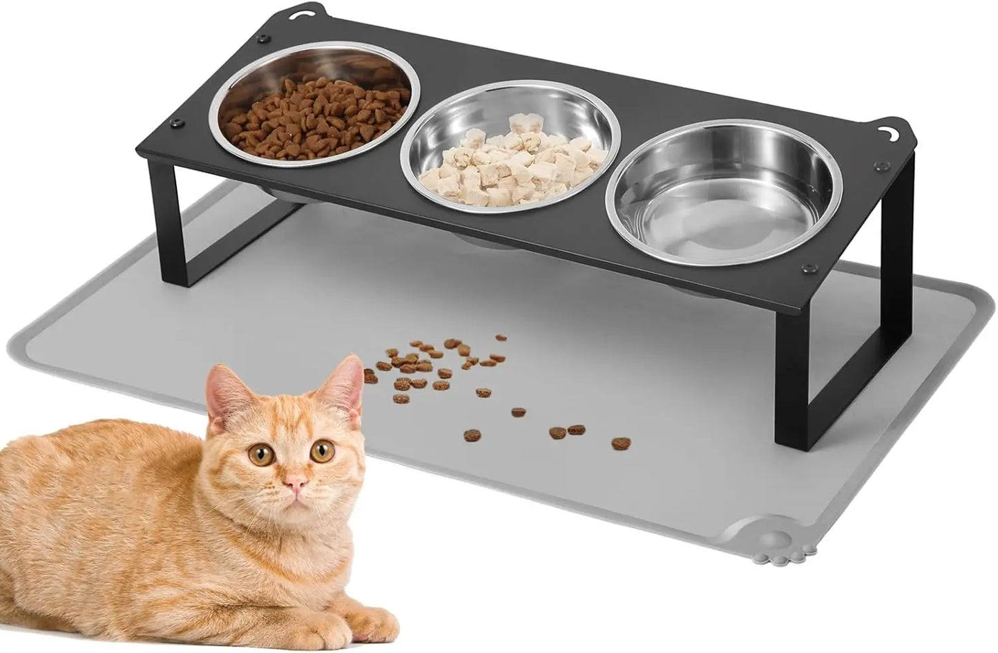 10° Tilted Non-Slip Raised Cat Food and Water Bowls Set with Silicone Mat for Indoor Pets