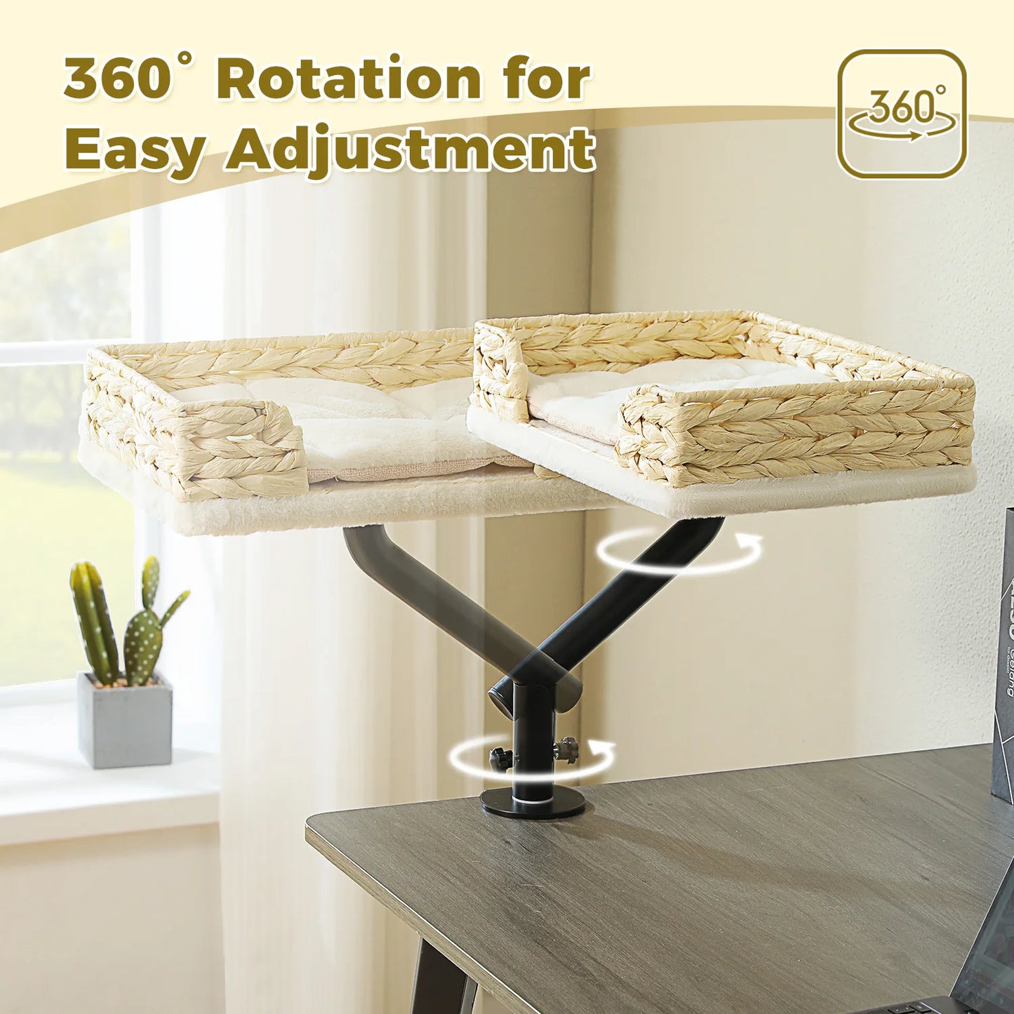 Cat Desk Bed, 360° Rotatable Cat Bed Stand for Indoor Cats, Adjustable Cat Basket, Cats Hammock for Table, Soft Cat Bed for Desk