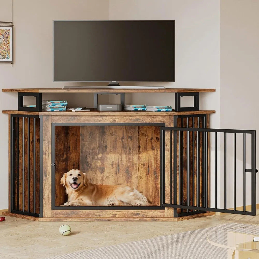 IRONCK 51 Corner Wooden Dog Crate Furniture with 2-Tier Shelves, Pet Kennel for Large Dogs, Space-Saving Dog Cage for TV Stand,