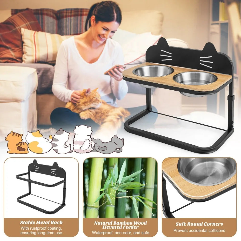 Elevated Pet Feeder w/ 2 Stainless Steel Cat Food & Water Bowls