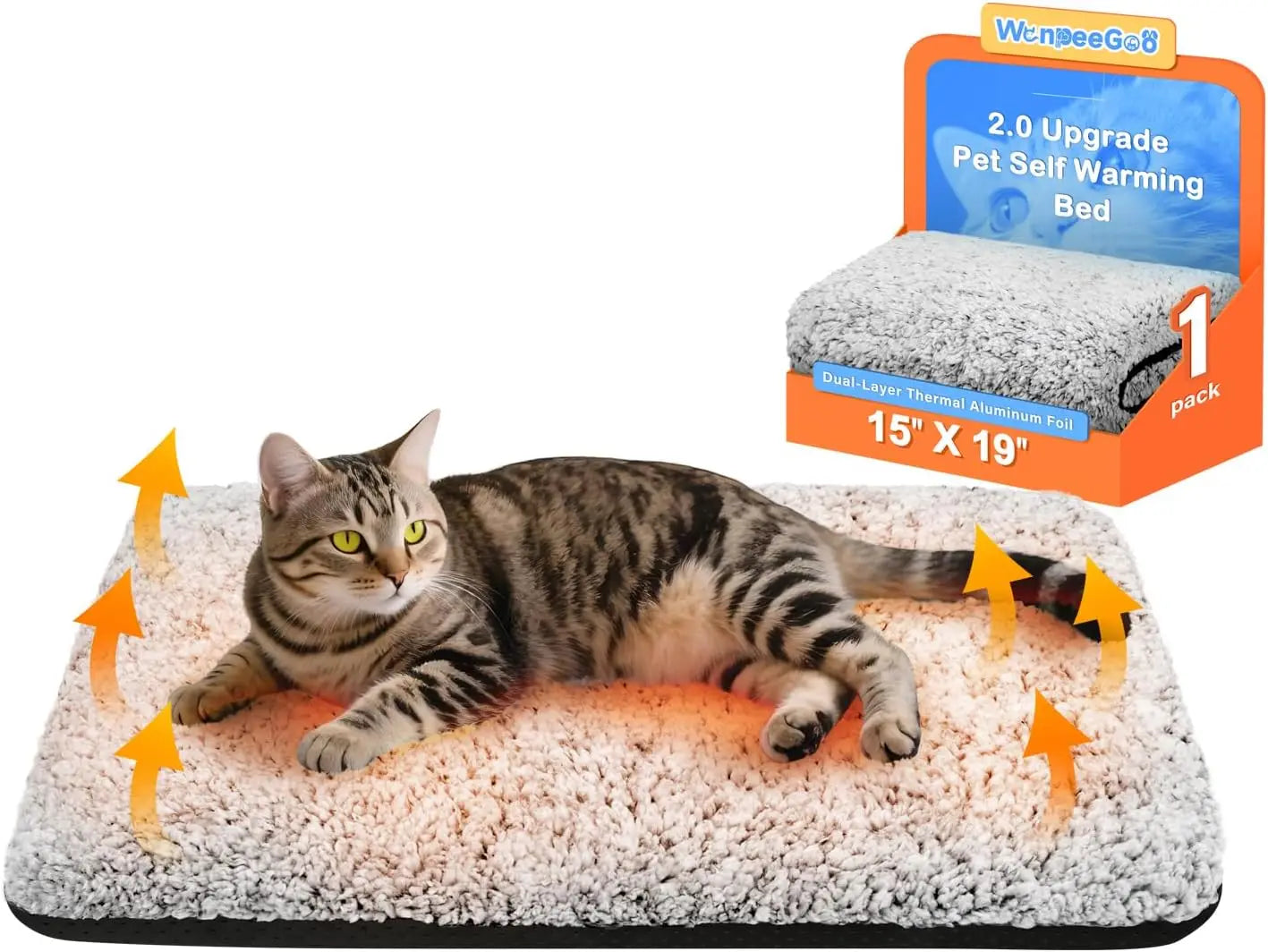 Self Warming Cat Bed with Heated Pad, Plush Pet Mat for Crate & Floor, Removable Washable Cover, Non-Slip 15x19 Inches