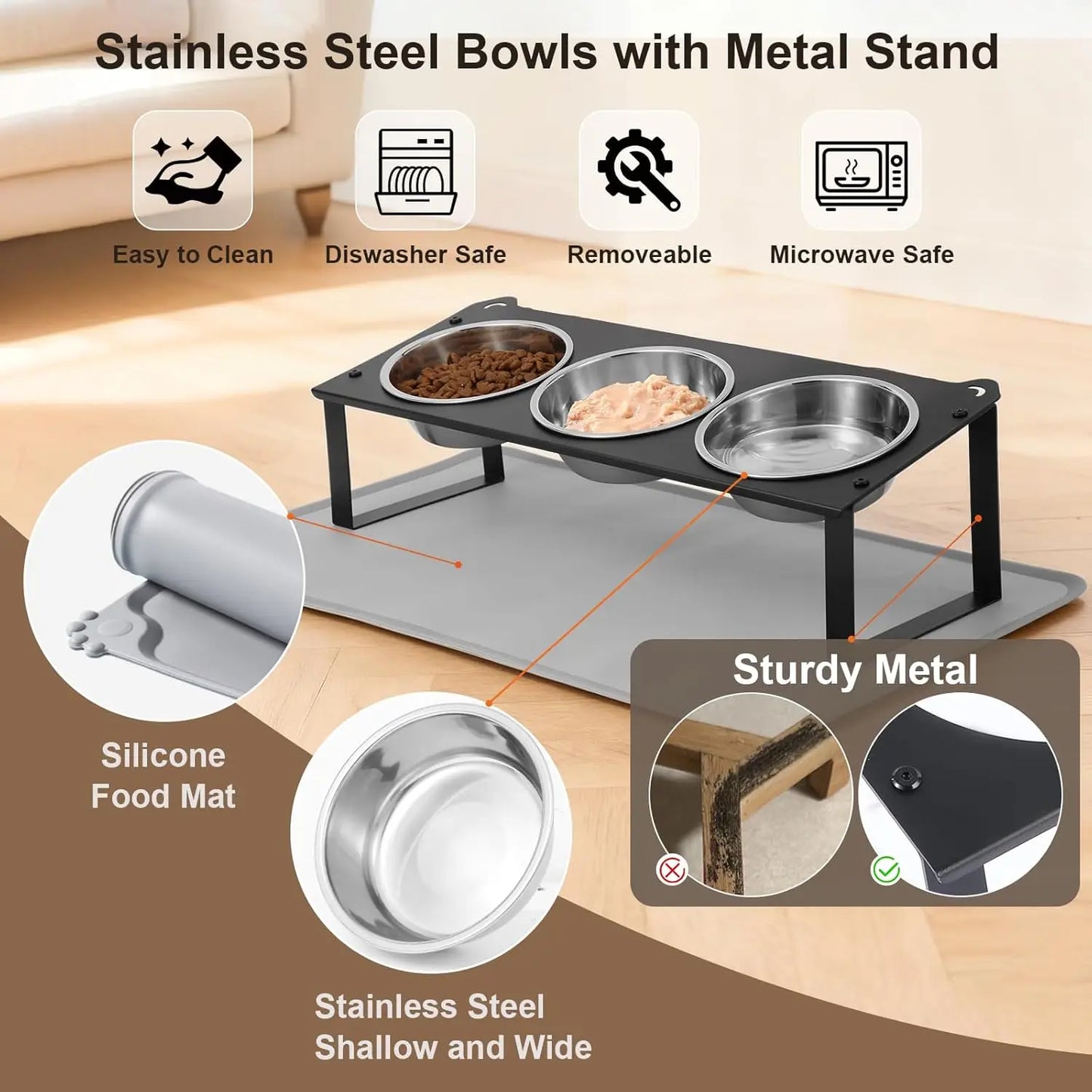10° Tilted Non-Slip Raised Cat Food and Water Bowls Set with Silicone Mat for Indoor Pets
