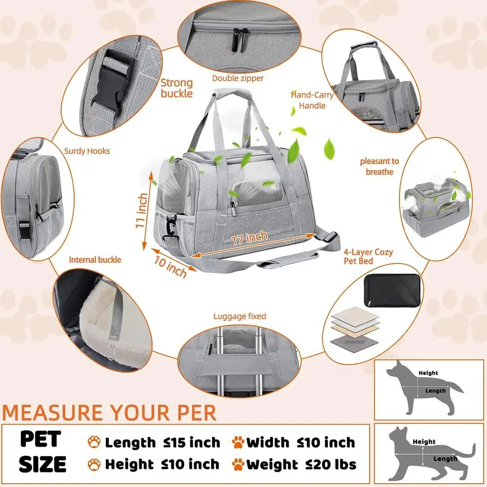 Pet Carrier Bag Airline Approved Up for Cats and Dogs Up to 20LBs, Soft Cat Carrier Dog Carrier Travel Kitten Carrier with Mat,