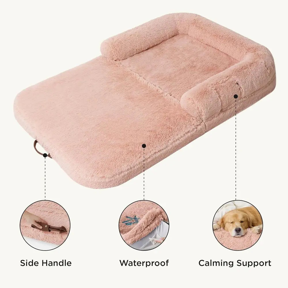 2-in-1 Pink Faux Fur Orthopedic Dog Bed with Egg Foam & Waterproof Liner for Adults and Pets
