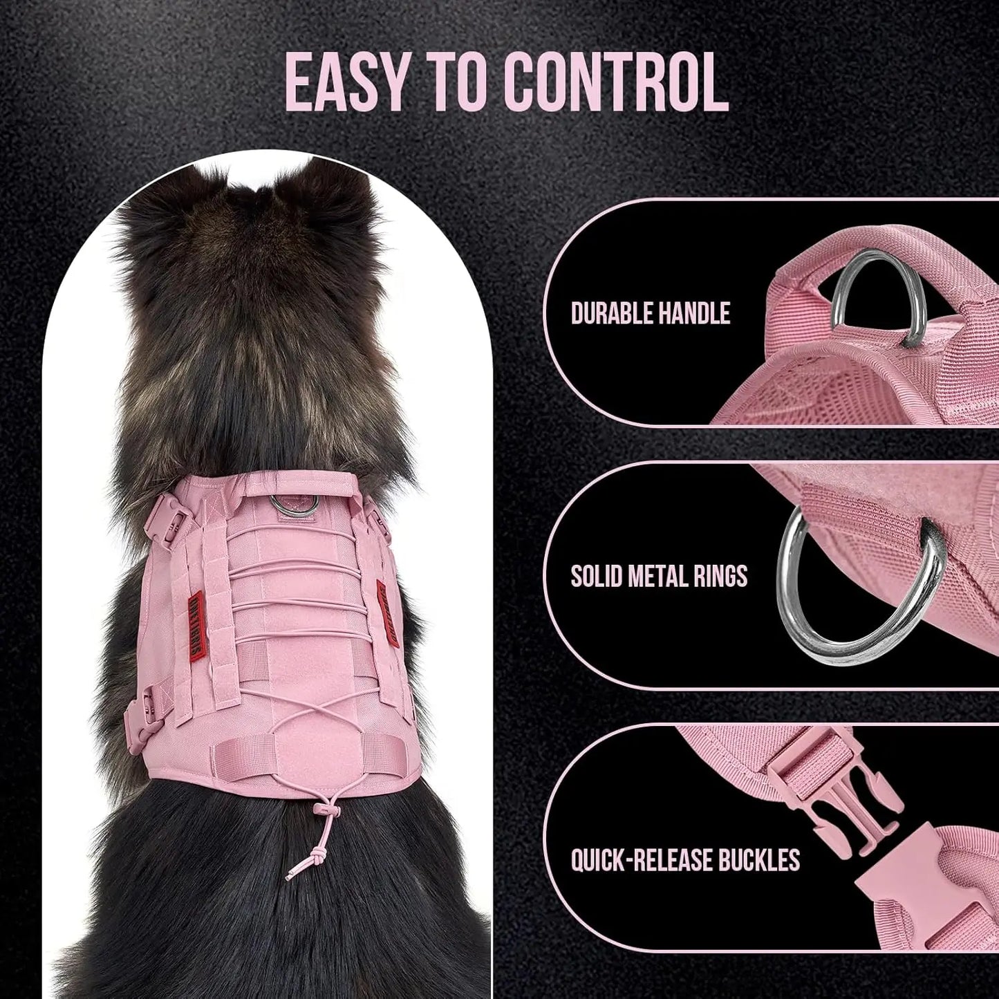 Adjustable No-Pull Dog Harness Vest with Hook & Loop Panels for Walking Hiking Training in Pink
