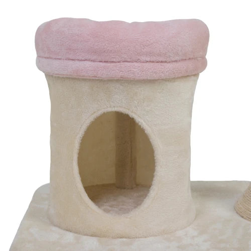 Pink and beige flower shaped cat tree, with a flowering platform bed and swinging toys, indoor multi-layer cat tower