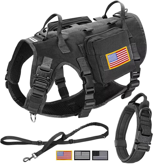 Military Tactical Dog Harness with Bungee Leash, Adjustable No-Pull Chest 19.5-41.5in for Medium Large Dogs Walking Training