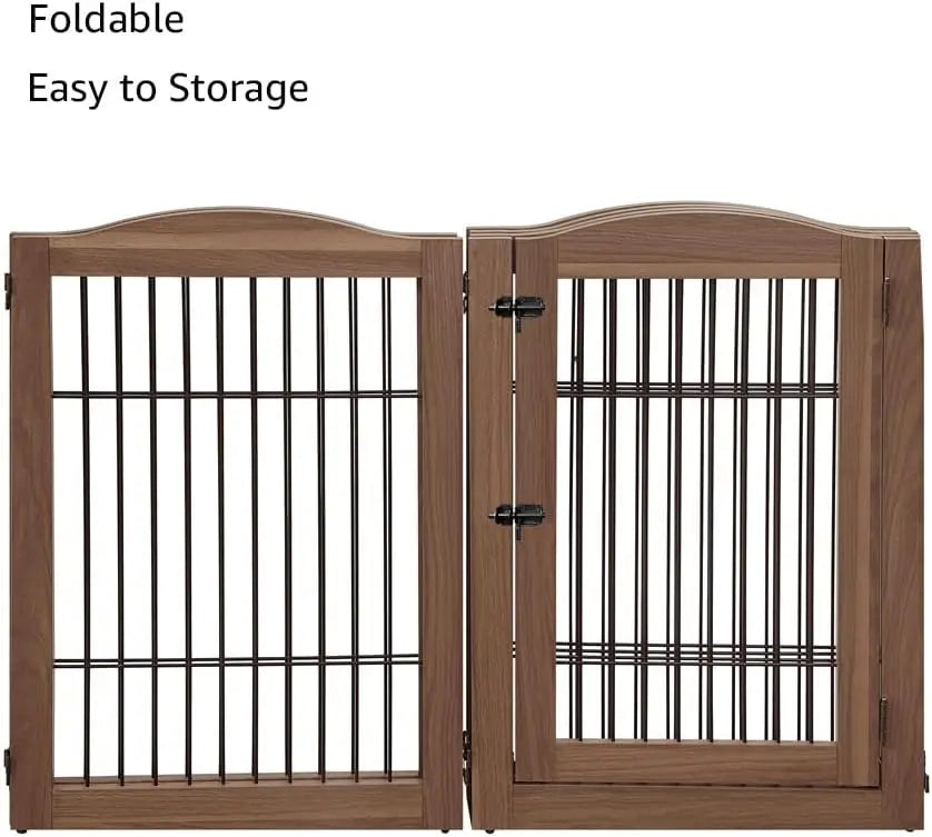 Foldable Wood and Wire Pet Playpen with Walk-Through Gate, 6 Panels for Dogs and Cats