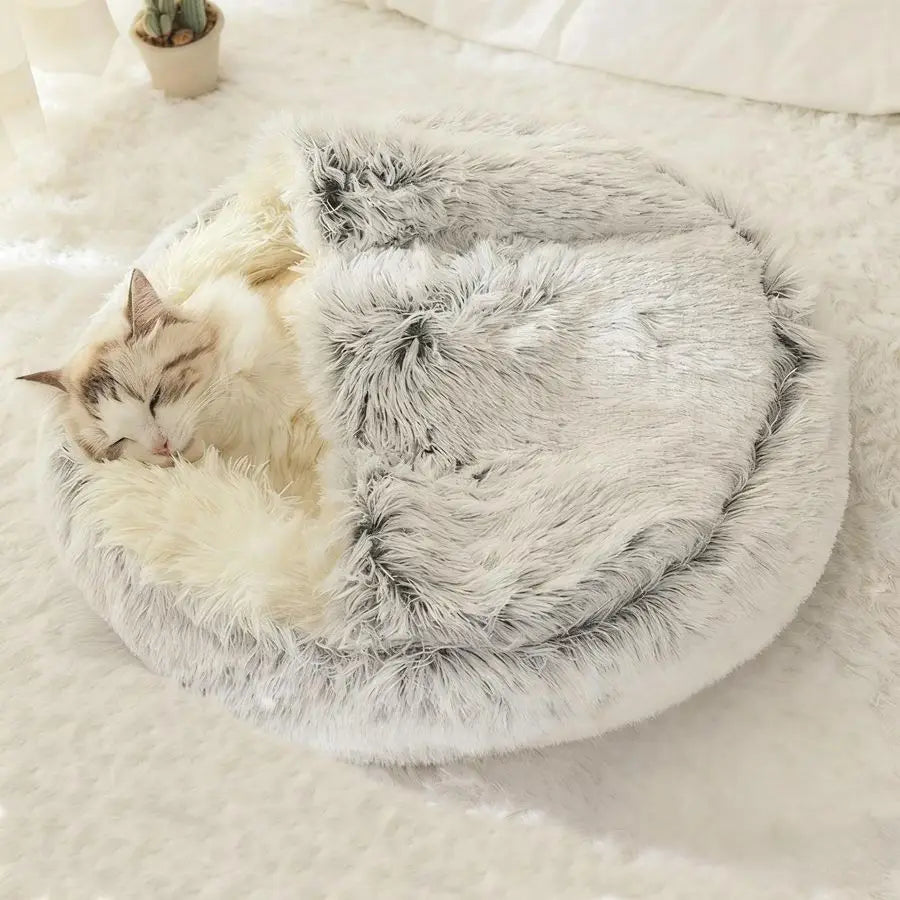 Bed Round Fluffy Hooded Cat Bed Cave, AntiAnxiety Cave Bed with Hooded Blanket, Cozy Cuddler Luxury Puppy Pet Bed, AntiSlip Bott
