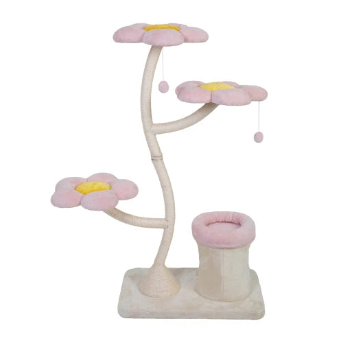 Pink and beige flower shaped cat tree, with a flowering platform bed and swinging toys, indoor multi-layer cat tower