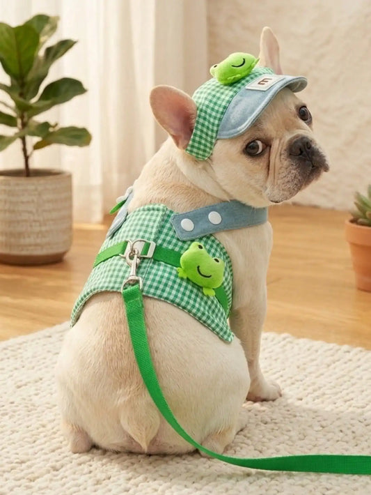 1pc Breathable Lightweight Skid Proof Quick Drying Cute Frog Pattern Solid Color Pet Harness And Leash Suitable For Cats And Dog