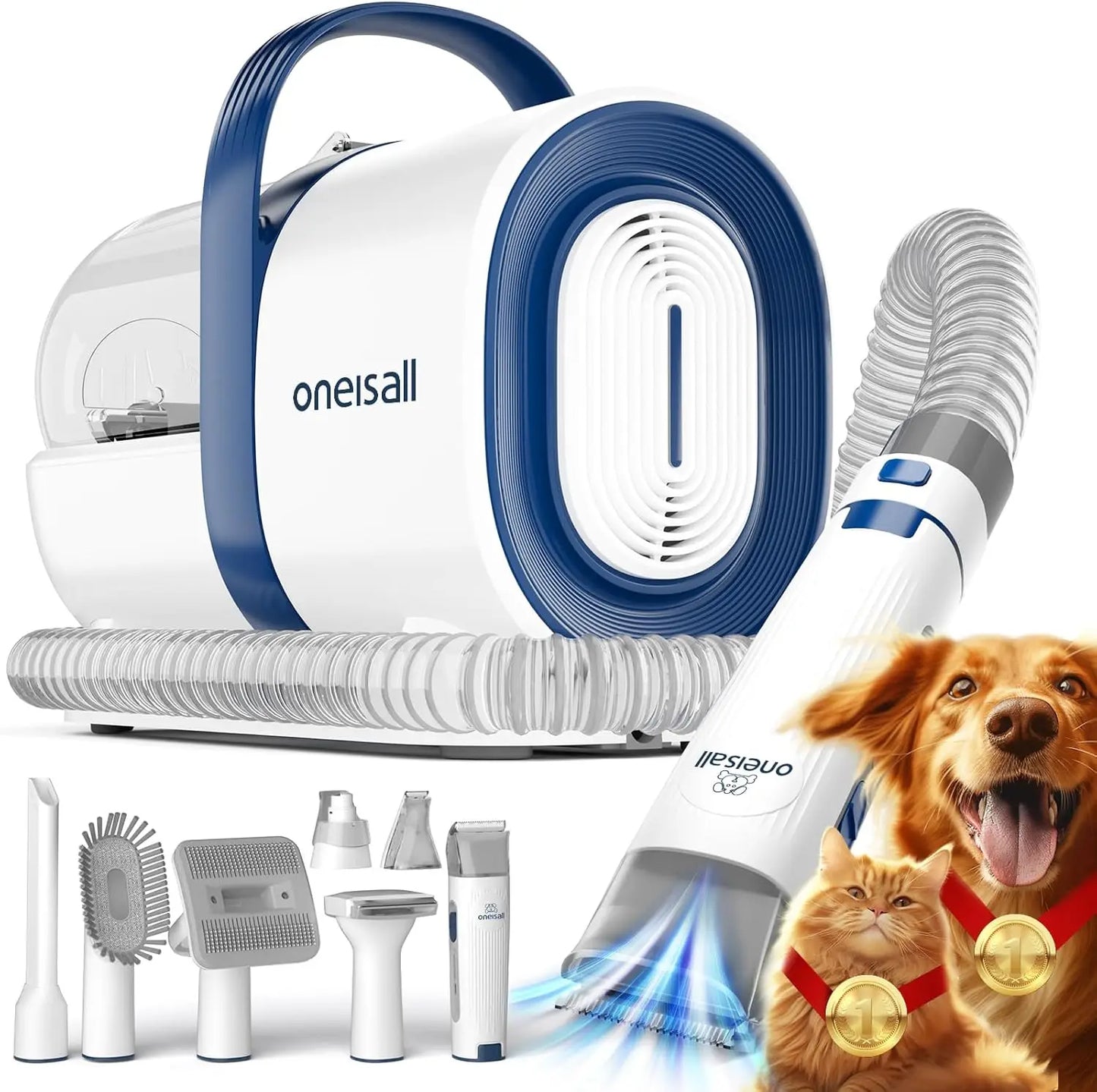 Pet Grooming Vacuum with Clipper and Nail Grinder, 1.5L Dust Cup, 7 Tools for Shedding Hair and Home Cleaning in Blue