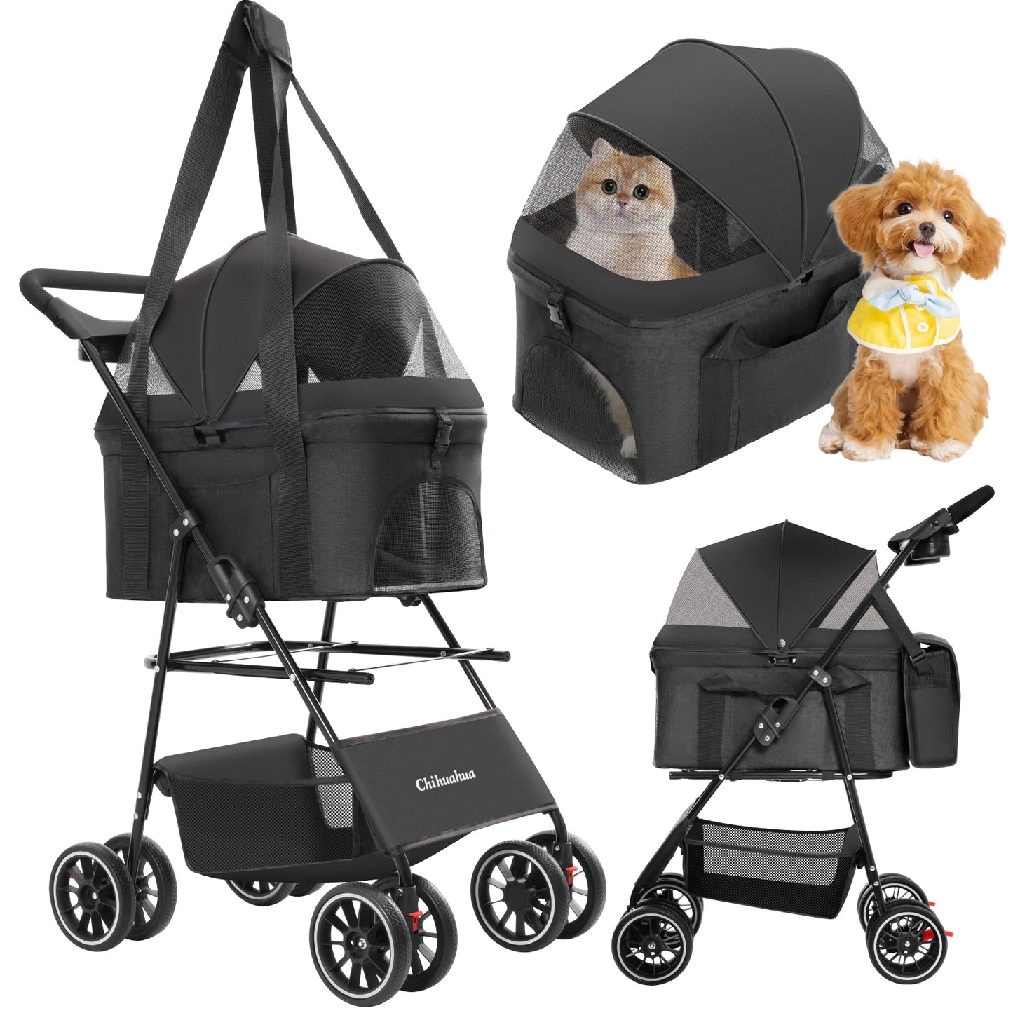 3 in 1 Pet Stroller For Dogs Cats Lightweight And Foldable Bag Detachable External Push Dog Walking Detachable Carrying